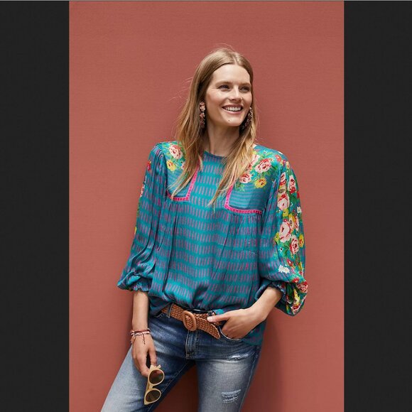 Sale Anthropologie Eclectic Peasant Blouse Bl-nk Size Small - Picture 1 of 5